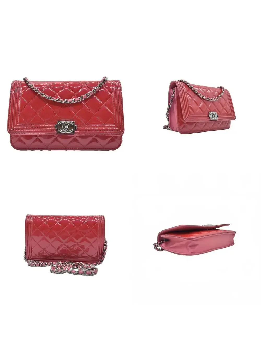 $3350 Chanel Patent Calfskin Quilted Boy Wallet On Chain WOC